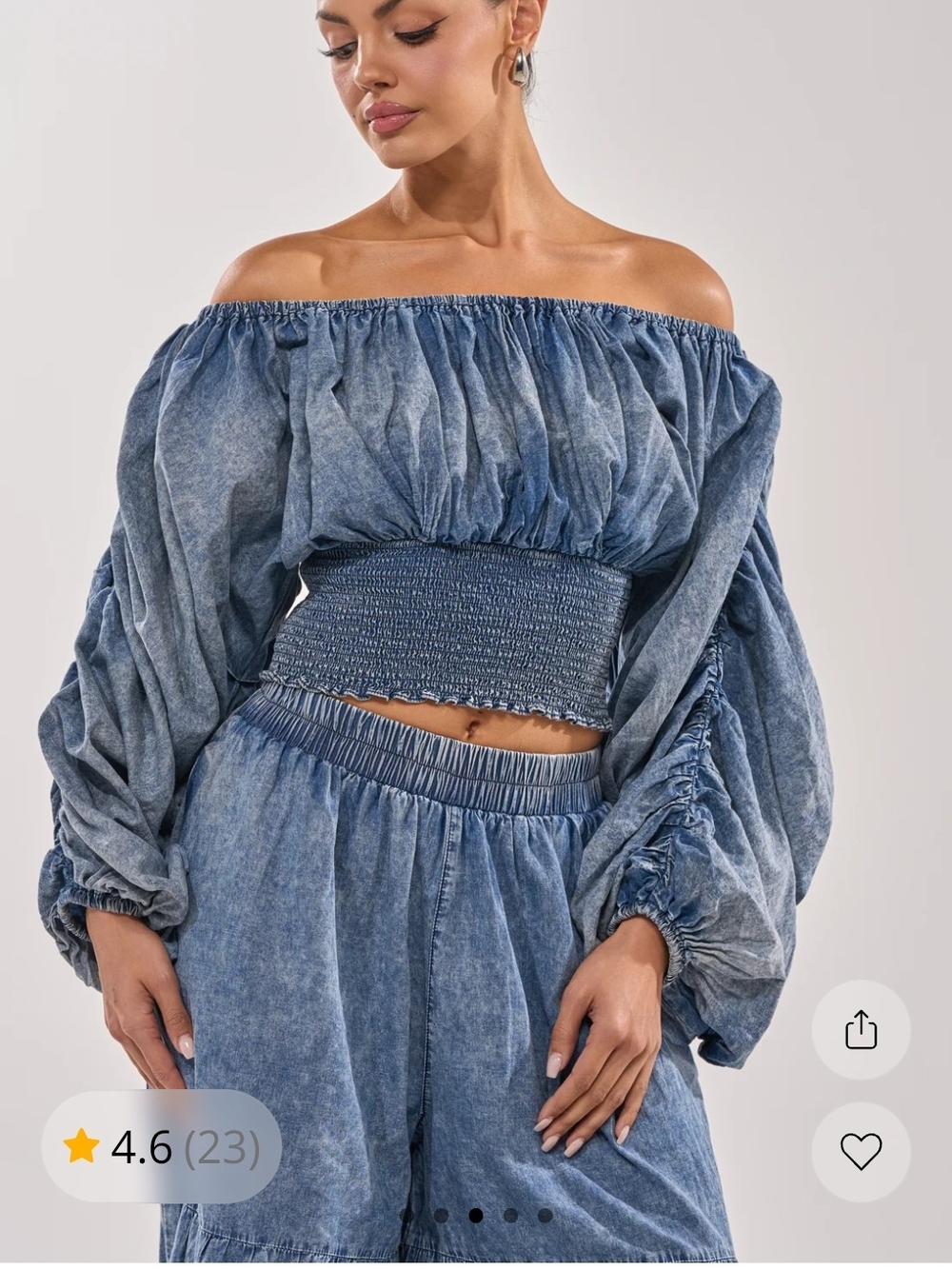 AKIRA Washed Blue Off-Shoulder Smocked Denim Crop Blouse